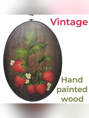 Vintage Strawberry Floral Hand Painted Wood Art Plaque